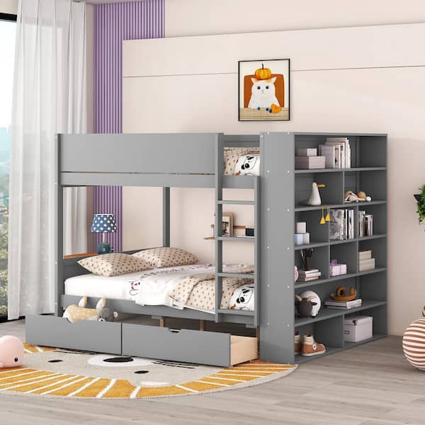 Harper & Bright Designs Gray Full over Full Wood Bunk Bed with Multi-Layer Cabinet, 2-Drawer