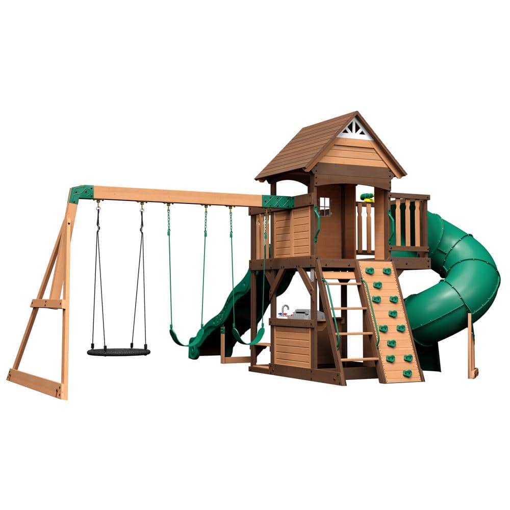 Cedar Cove Wooden Swing Set with Dual Slides and Swings
