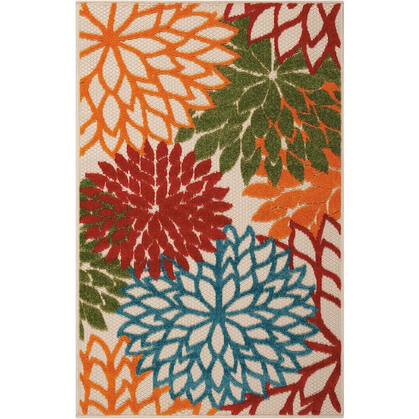 Nourison Aloha Green doormat 3 ft. x 4 ft. Floral Modern Indoor/Outdoor Patio Kitchen Area Rug