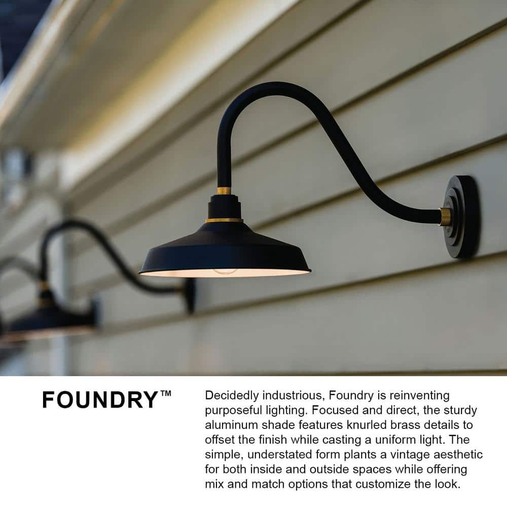 Textured Black 1-Light Outdoor Gooseneck Barn Sconce with Brass Details