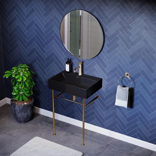 Swiss Madison Claire 24 in. Ceramic Matte Black Console Sink Basin Gold Legs
