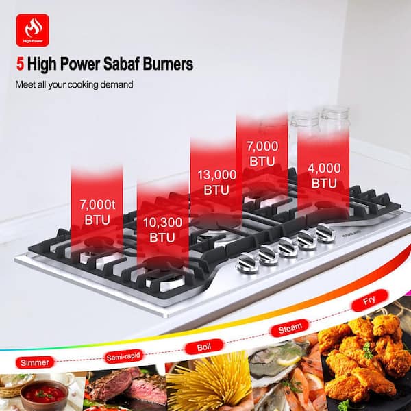 36 in. 5 Burners Recessed Gas Cooktop in Stainless Steel with Electronic Pulse Ignition