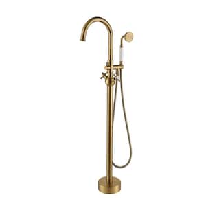 2-Handle Freestanding Tub Faucet with Hand Shower Head in Brushed Brass