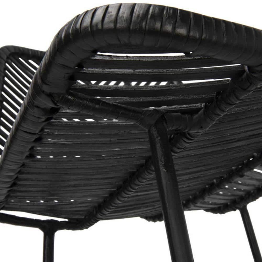 Tropical Chic Black Rattan and Metal High-Back Bar Stool