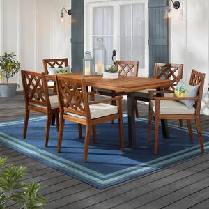 Willow Glen Farmhouse 7-Piece Wood Outdoor Patio Dining Set with Beige Cushions