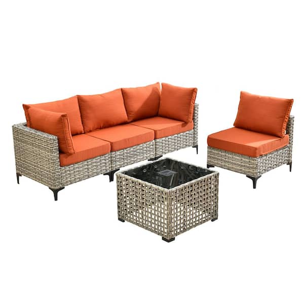 Holston 5-Piece Wicker Modern Outdoor Patio Conversation Sofa Sectional Set with Orange Red Cushions