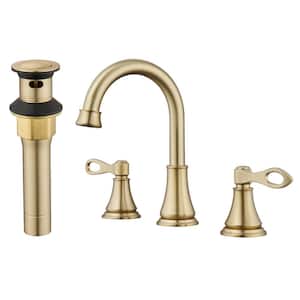 8 in. Widespread Double Handle Bathroom Faucet 3 Holes with 360° Swivel Spout, Stainless Steel Drain in Brushed Gold