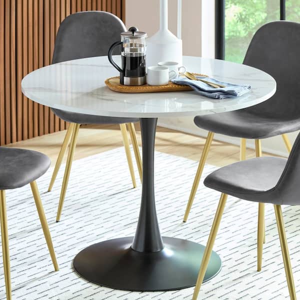 Creston Modern 39.4 in. White Dining Table with Engineered Marble Surface and Black Metal Pedestal Base Seats 4