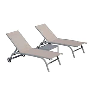 Set of 3 Khaki Aluminium Outdoor Patio Chaise Lounge with Adjustable Backrest and Wheels (2 Chairs and 1 Table)