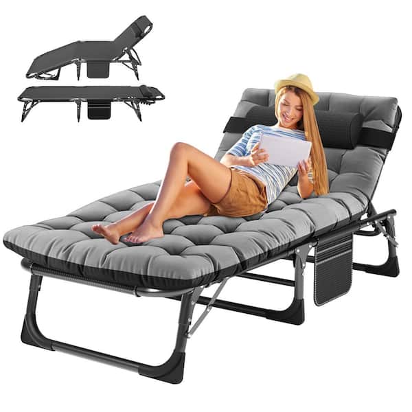 BOZTIY Folding Lounge Chair,5-Position Adjustable Metal Outdoor Reclining Chair, Folding Chaise Lounge Chair(1-Pack),Dark Gray