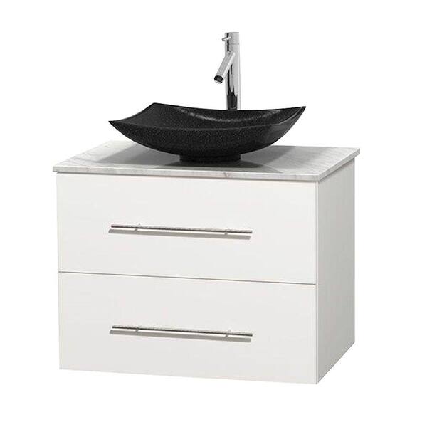 Wyndham Collection Centra 30 in. Vanity in White with Marble Vanity Top in Carrara White and Black Granite Sink