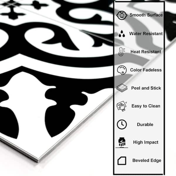 Patterned 12 in. x 12 in. Peel and Stick Encaustic Backsplash Vintage Tile, Black and White (10-Tiles, 10 sq. ft.)