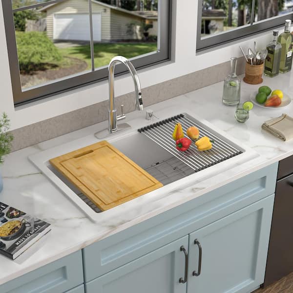 33 in. Drop In Single Bowl White Quartz Composite Workstation Kitchen Sink with Bottom Grids and Gold Strainer