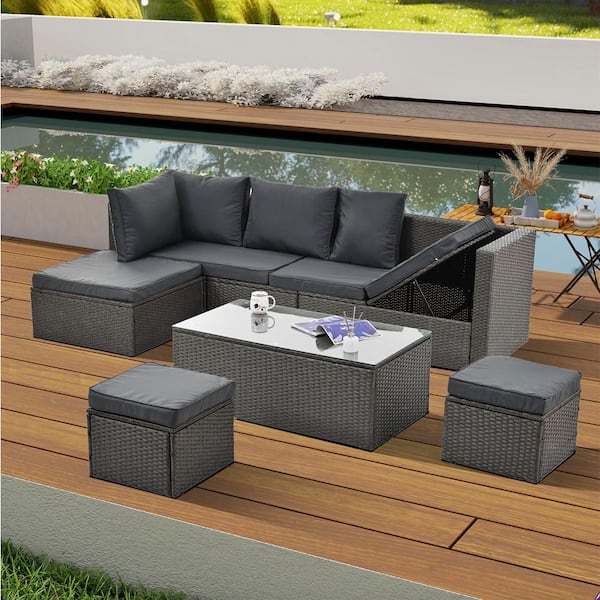 Boosicavelly 7-Piece Wicker Patio Conversation Set with Dark Gray Cushions
