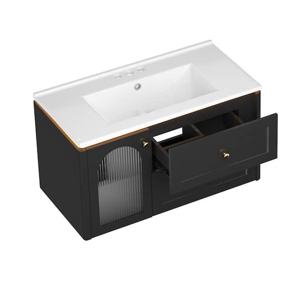 36 in. Floating Black Bath Vanity with White Ceramic Top Unassembled, Sensor Light with Built-in Outlet