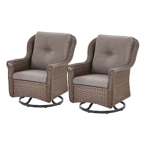 Chrysanthemum Armrest Series 2-Pack Outdoor Swivel Brown Wicker Glider Rocking Chair with CushionGuard Gray Cushions