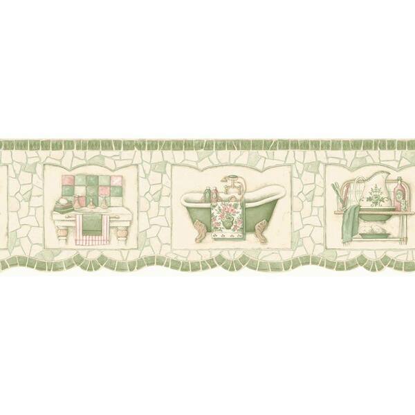 The Wallpaper Company 6.75 in. x 15 ft. Green Pastel Mosaic Bath Tub Border