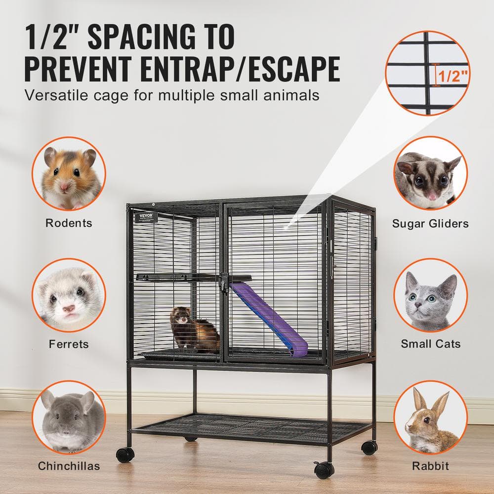 VEVOR 36-Inch Black Metal 2-Tier Rolling Small Animal Cage