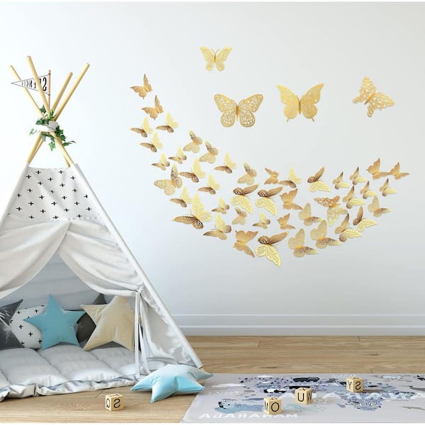 96-Piece 4.7 in. x 4.7 in. Gold 3D Removable Butterfly Wall Decal