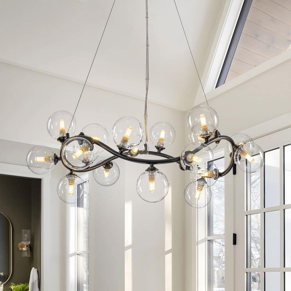 TinHon Modern 19-Light Matte Black Bubble Glass Chandelier,Wave