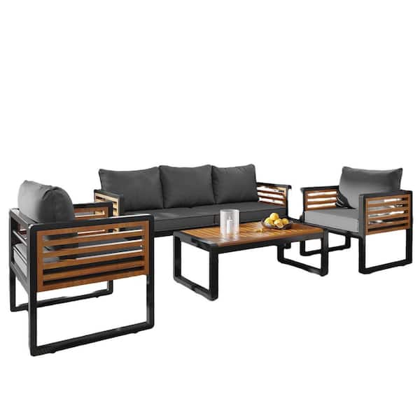 Unbranded Large 4-Piece Teak Outdoor Loveseat Set, 5 Person, with Thick Cushions, Metal and Wood Frame, Acacia Tabletop, Grey