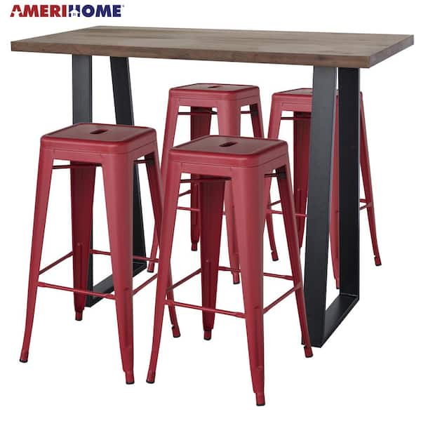 AmeriHome Matte Red Acacia Wood Top Bar Height Pub Set with Matte Red Bar Stools (Set of 5)