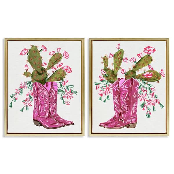 Cactus in Pink Cowgirl Boots by Melissa Wang 2 Pieces Gold Floater Frame Nature Graphic Art Print 31 in. x 25 in.