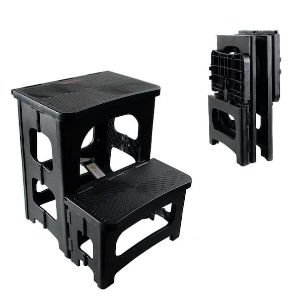 2-Step Reach Portable Stool Ladder Non-Slip Folding Design for Kitchen Bathroom Closet Office Black 300 lbs. Capacity