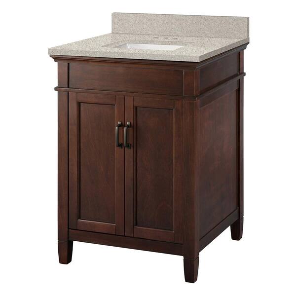 Home Decorators Collection Ashburn 25 in. W x 22 in. D Vanity in Mahogany with Engineered Marble Vanity Top in Sedona with White Sink