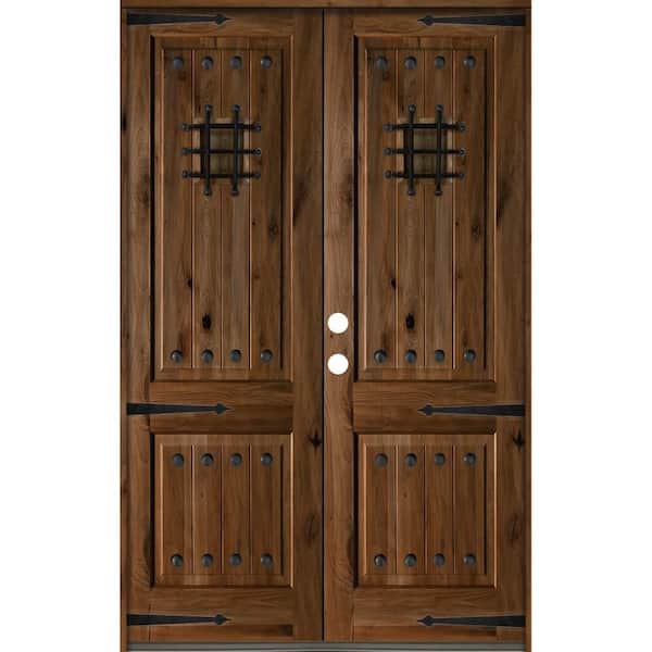 Krosswood Doors 64 in. x 96 in. Mediterranean Knotty Alder Square Top with Provincial Stain Right-Hand Wood Double Prehung Front Door