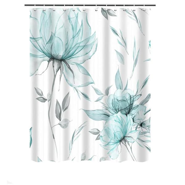Unbranded Teal Grey Watercolor Floral Shower Curtain 72x72 Polyester Fabric Waterproof with Hooks Minimalist Aesthetic Art Decor
