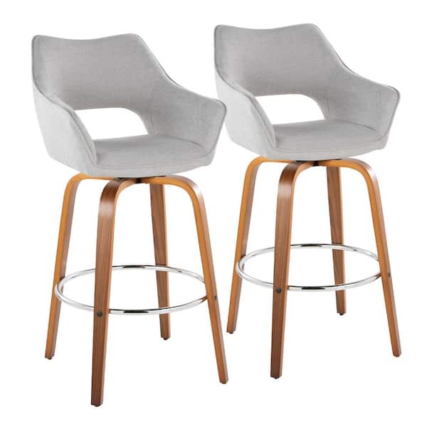 Mustang 30 in. Walnut Wood and Grey Fabric Fixed-Height Xl Barstool with Round Footrest (Set of 2)
