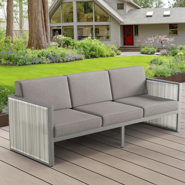 Opohoro SquareChic Metal and Light Beige Wicker Outdoor 3-Seat Sectional Couch Sofa with Olefin Dark Gray Cushions