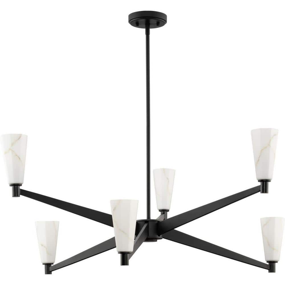 Matte Black Steel 6-Light Chandelier with Faux Alabaster Shades