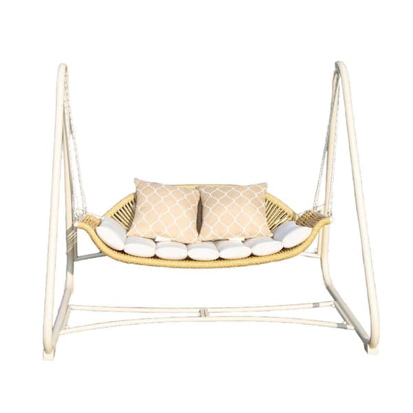 2-Person Rattan Patio Swing with Thickened Cushions and Pillow
