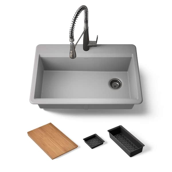 KOHLER Lassen 33 in. Drop-in Single Bowl Granite Composite Kitchen Workstation Sink in Matte Grey with Faucet