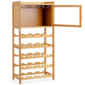20-Bottle Natural Wood Freestanding Bamboo Wine Rack Cabinet with Display Shelf and Glass Hanger