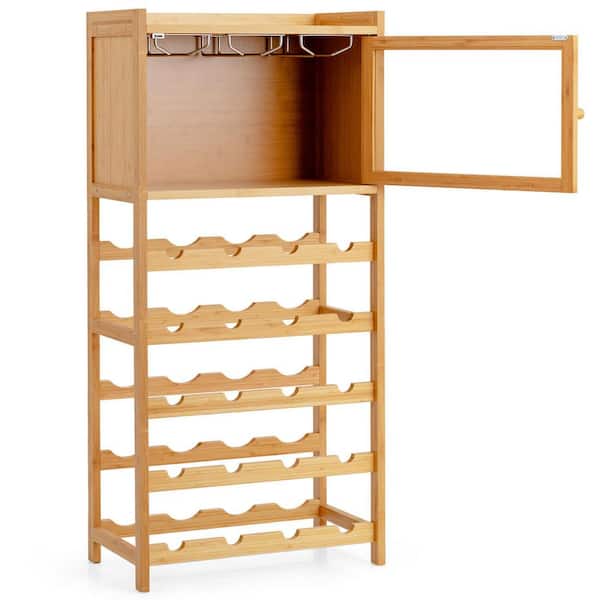 ANGELES HOME 20-Bottle Natural Wood Freestanding Bamboo Wine Rack Cabinet with Display Shelf and Glass Hanger