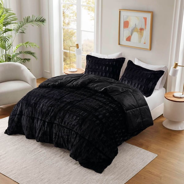 3-Piece King/Cal King Black Soft Stylish Brushed Long Faux Fur