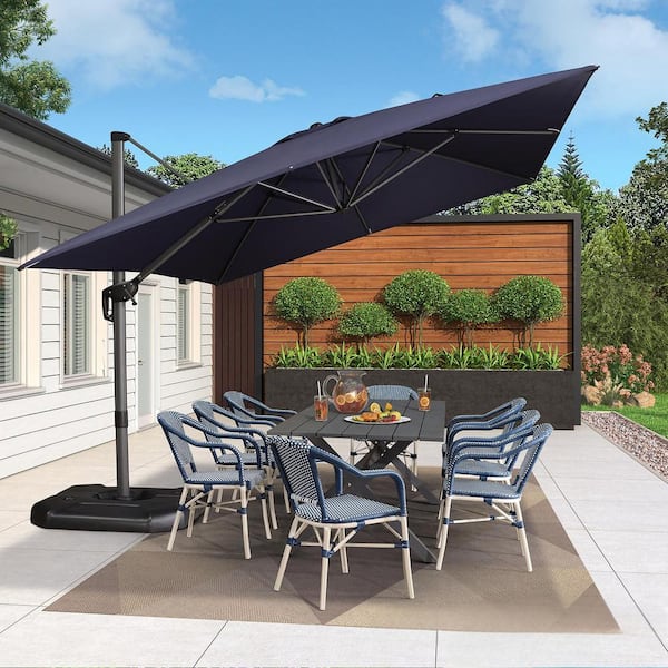 10 ft. x 13 ft. Cantilever Patio Umbrella with 360° Rotation for Garden Deck Pool with Base, in Navy Blue