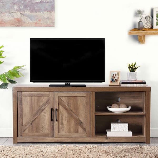 Westsky 57.87 in. Wide Natural Wood Collection Brown TV Stand of 2-Door Cabinet Fits TV's up to 65" With Cable Management