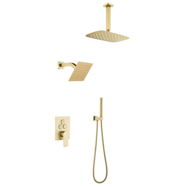 Single Handle 2-Spray Wall Mount Shower Faucet 1.8 GPM with Ceramic Disc Valves Ceiling Mount Shower System Brushed Gold
