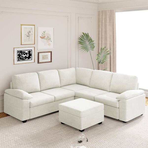 sumyeg 84 in. U-Shaped Velvet Sectional Sofa in. Beige with Ottoman