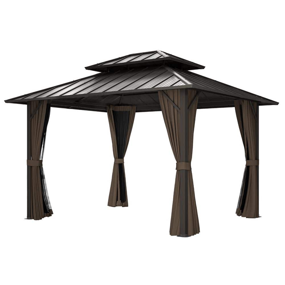 10 ft. x 12 ft. Brown Double Roof Hardtop Patio Gazebo with Netting and Curtains price history on PriceWatchPro