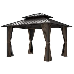 10 ft. x 12 ft. Brown Double Roof Hardtop Patio Gazebo with Netting and Curtains
