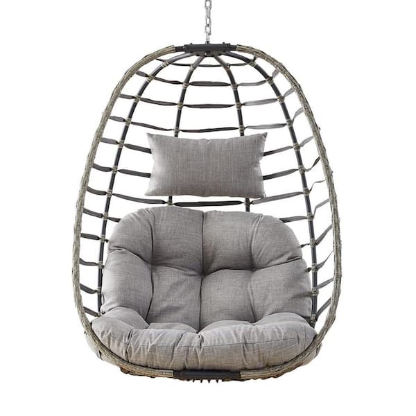 Gray Wicker Patio Swing Hanging Egg Chair with Gray Cushion