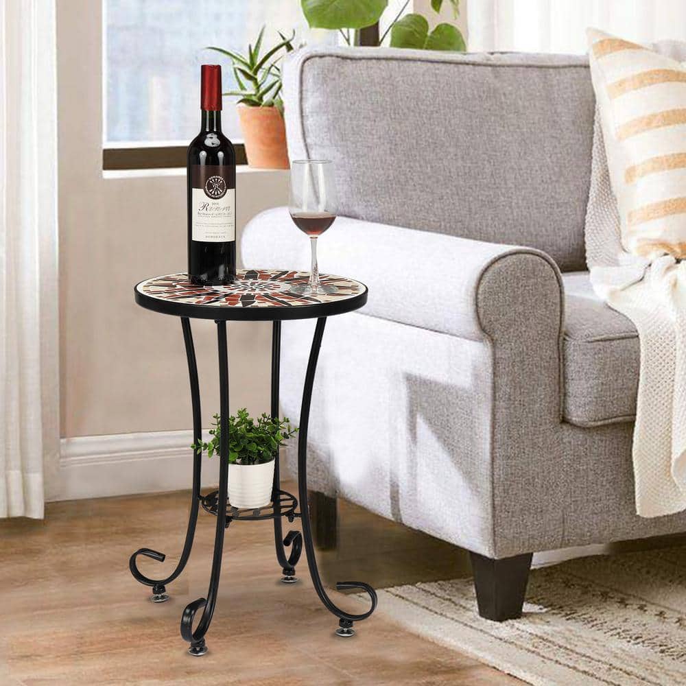 14" Round Black Metal Mosaic Outdoor Accent Table with Concrete Top