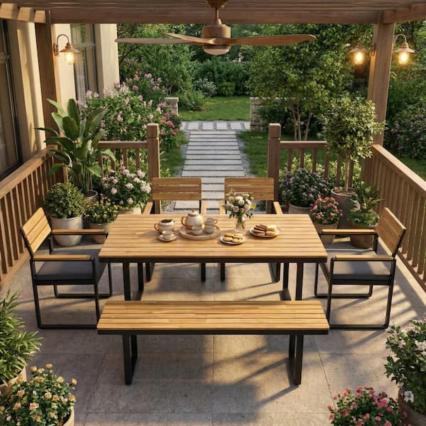6-Piece Wood Outdoor Dining Set with Gray Removable Cushions and Adjustable Feet