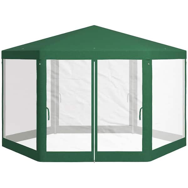 13 ft. W x 11 ft. D Green Hexagon Outdoor Party Tent, Fully Equipped Sun Shade Canopy Shelter with Mesh Sidewalls