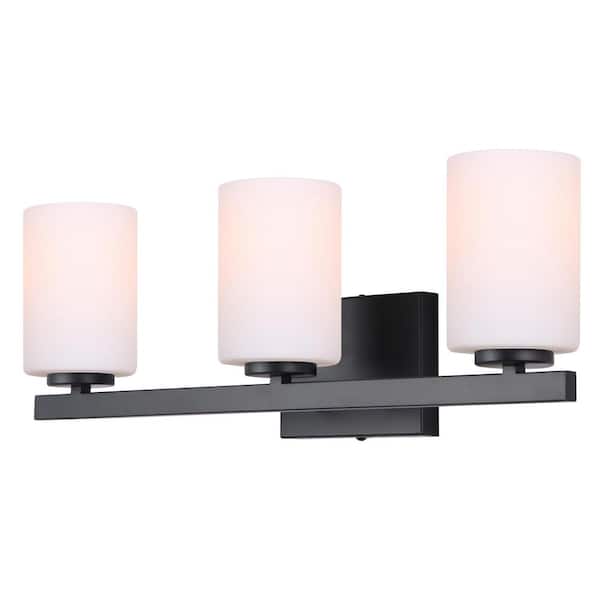 CANARM Jae 23 in. 3-Light Matte Black Vanity Light with Opal Glass Shade